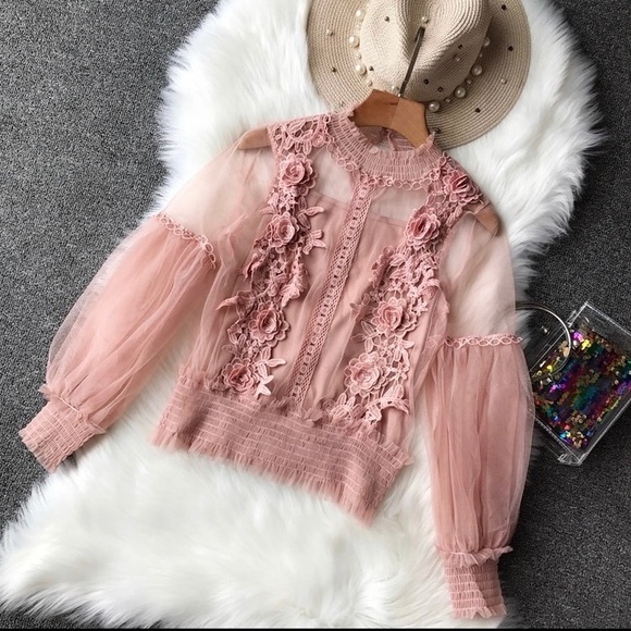 Lace Mesh Crochet Long Sleeve Blouse - Picture 3 of 8